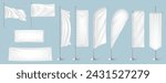 White blank textile desktop check box flags realistic vector illustration set. Fabric advertising banners of various shapes 3d models on blue background
