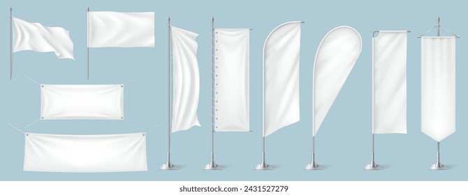 Casilla de verificación de escritorio de tela blanca en blanco marca conjunto de ilustración vectorial realista. Banners publicitarios de tela de varios modelos de formas 3d sobre fondo azul