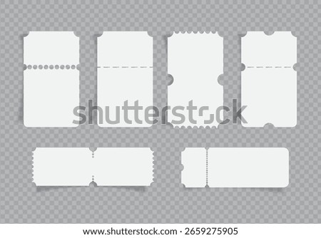 White Blank Ticket Shape Set with Rounded and Perforated Edges for Event or Voucher Design
