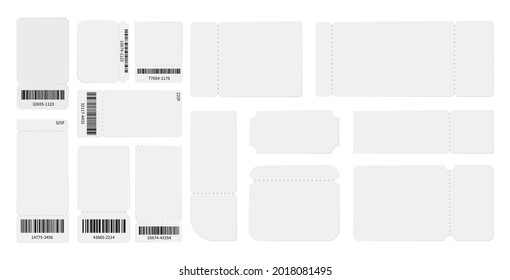 White blank tickets template. Realistic ticket mockup, isolated theater show travel pass coupons or gift vouchers vector set