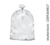 White blank tied plastic bag realistic vector mockup. Packaging pouch, package. Trash liner mock-up