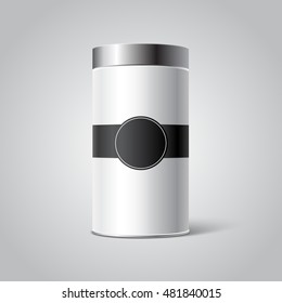 White Blank Tincan packaging mockup with black Tag, label. Place your design