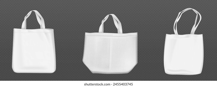 White blank tote bag mockup. Realistic 3d vector illustration set of fabric canvas eco pouch for shopping. Template of cotton cloth reusable shopper with handle. Handbag from ecological material.