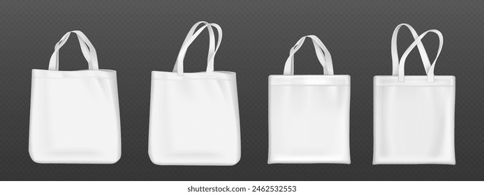 White blank tote bag mockup. Realistic 3d vector illustration set of fabric canvas eco pouch for shopping. Template of cotton cloth reusable shopper with handle. Handbag from ecological material.