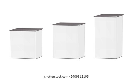 White blank trade show table counter, exhibition plinth. Different sizes, vector mock-up set. Tradeshow pedestal podium display stand mockup kit