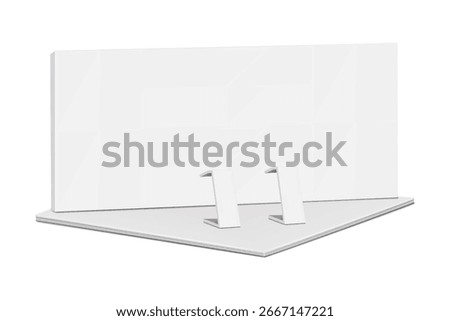 White blank tradeshow booth backdrop banner stand with two portable rostrum tables. Realistic vector mockup. Trade show exhibition display kit. Mock-up. Template for design