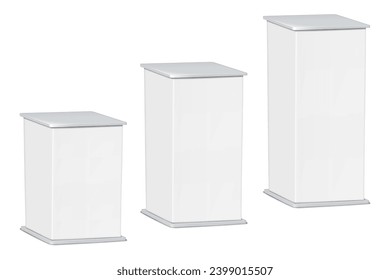 White blank tradeshow exhibition plinth. Different sizes, vector mock-up set. Trade show pedestal podium display stand mockup kit