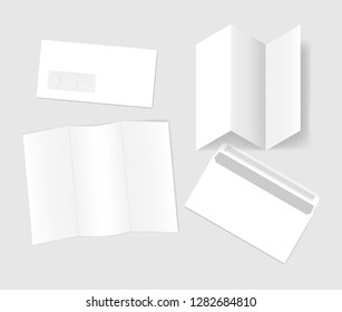White blank tri and Z fold A4 brochure with left hand window peel and seal DL paper envelope, template. Business mailing. Realistic vector mockup.