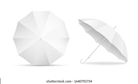 White blank umbrella icon set isolated on white background.Mock up opened parasols,top and front view. Vector 3d realistic style