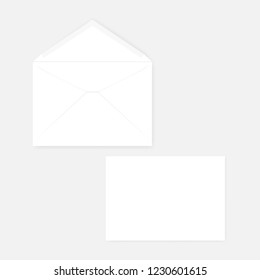 White blank V flap C5 envelope with gummed seal, realistic mockup. Front and back. Open and closed. Vector mock-up.