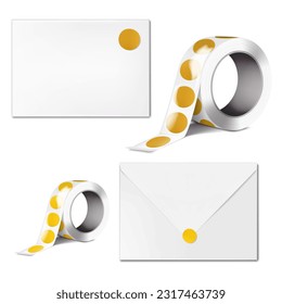 White blank V flap C5 envelope with round label sticker roll realistic vector mock-up. Template for design
