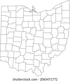 White blank vector administrative map of the Federal State of Ohio, USA with black borders of its counties
