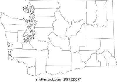 White blank vector administrative map of the Federal State of Washington, USA with black borders of its counties