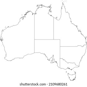 White blank vector administrative map of AUSTRALIA with black border lines of its states and territories