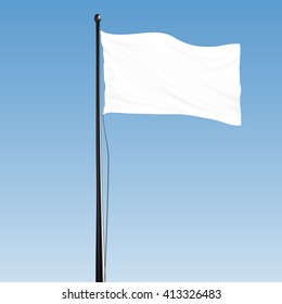 White Blank Vector Flag with steel pole and black rope isolated on design background. Mock-up template ready for design.