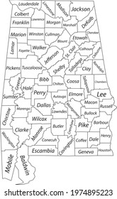White blank vector map of the Federal State of Alabama, USA with black borders and names of its counties