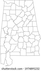 White blank vector map of the Federal State of Alabama, USA with black borders of its counties