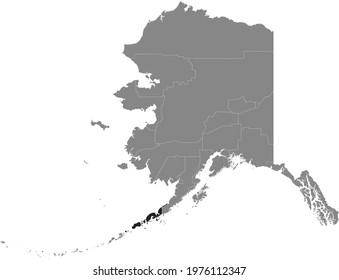 White blank vector map of the Federal State of Alaska, USA with black borders and names of its boroughs and census areas