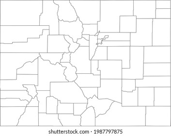 Mapa vectorial blanco en blanco del Estado Federal de Colorado, EE.UU. con fronteras negras de sus condados