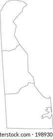 White blank vector map of the Federal State of Delaware, USA with black borders of its counties