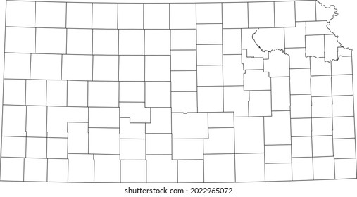 White blank vector map of the Federal State of Kansas, USA with black borders of its counties