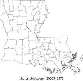 White Blank Vector Map Of The Federal State Of Louisiana, USA With Black Borders Of Its Counties