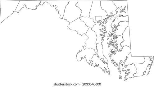 White blank vector map of the Federal State of Maryland, USA with black borders of its counties