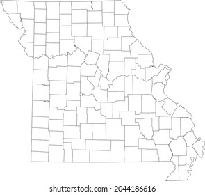 White blank vector map of the Federal State of Missouri, USA with black borders of its counties