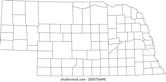 White blank vector map of the Federal State of Nebraska, USA with black borders of its counties