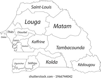 White blank vector map of the Republic of Senegal with black borders and names of its regions
