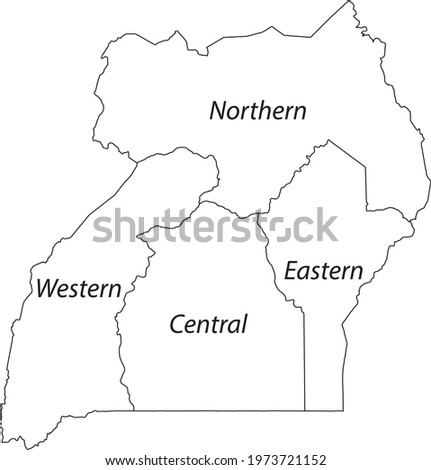 White blank vector map of the Republic of Uganda with black borders and names of its regions