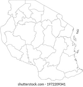 White blank vector map of the United Republic of Tanzania with black borders of its regions