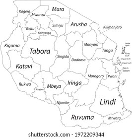 White blank vector map of the United Republic of Tanzania with black borders and names of its regions