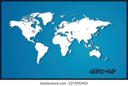 White blank vector world map with black frame. Isolated on blue background.