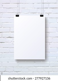 White blank vertical poster mock-up on the white brick wall, vector illustration