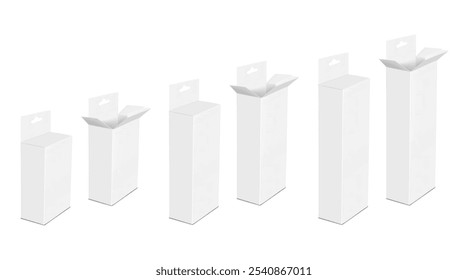 Caixa de papel retangular vertical em branco com aba do cabeçalho e furo do euro. Aberta e fechada. conjunto de mockup 3d. Recipiente de cartão suspenso com aba de depósito. Mock-up de vetor realista. Modelo para design