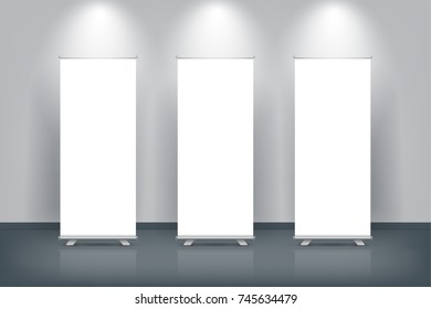 White blank vertical roll up banner. Vector illustration