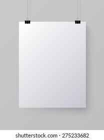 White blank vertical sheet of paper on the light grey background, vector mock-up illustration