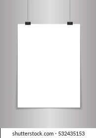White blank vertical sheet of paper on the light grey background, vector mock-up illustration