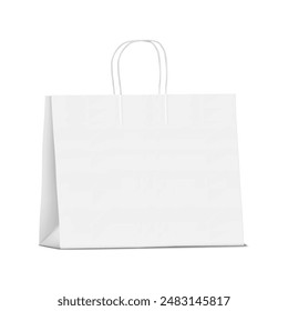 White blank wide square paper gift bag with twisted rope handles. Realistic vector mockup. Isolated merchandise gusseted package template. Mock-up for design