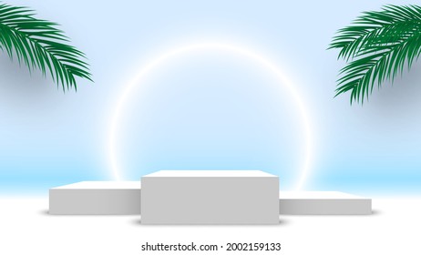 White blank winners podium with palm leaves. Pedestal. Product display platform. Exhibition stand. Vector illustration.