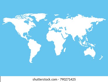 White blank world map, Isolated on light blue background.