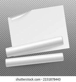 White blank wrapping or wallpaper mockup, realistic vector illustration isolated on transparent background. Rolls of blank white wrapping paper for design presentation.