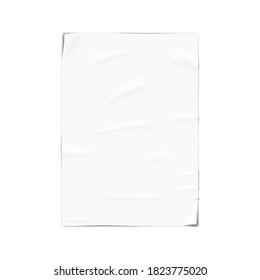 White blank wrinkled glued poster, realistic vector mockup. Creased sticky paper sheet, mock-up. Template for design.