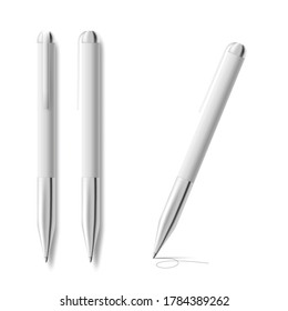 White blank writing automatic pen template of three items in various angles, realistic vector illustration isolated on white background. Mockup for merch stationery.