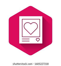 White Blanks photo frames and hearts icon isolated with long shadow. Valentines Day symbol. Pink hexagon button. Vector Illustration