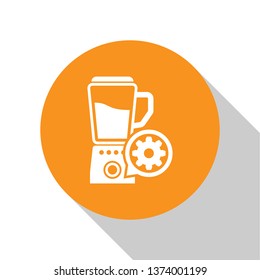 White Blender with bowl and gear icon isolated on white background. Adjusting app, service concept, setting options, maintenance, repair, fixing. Orange circle button. Vector Illustration
