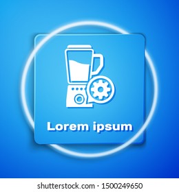 White Blender with bowl and gear icon isolated on blue background. Adjusting app, service concept, setting options, maintenance, repair, fixing. Blue square button. Vector Illustration