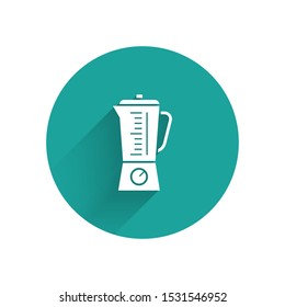 White Blender icon isolated with long shadow. Kitchen electric stationary blender with bowl. Cooking smoothies, cocktail or juice. Green circle button. Vector Illustration