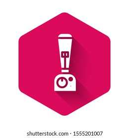 White Blender icon isolated with long shadow. Kitchen electric stationary blender with bowl. Cooking smoothies, cocktail or juice. Pink hexagon button. Vector Illustration